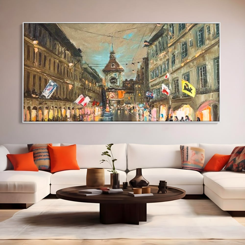 Tablou canvas cu pictura stradala cu turn ceas in ploaie, in rama de aluminiu argintiu, pe perete intr-un living